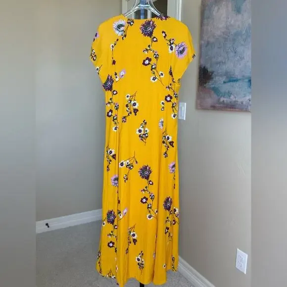 Free People Lost In You Yellow Floral Midi Dress Button Down Women's Small
